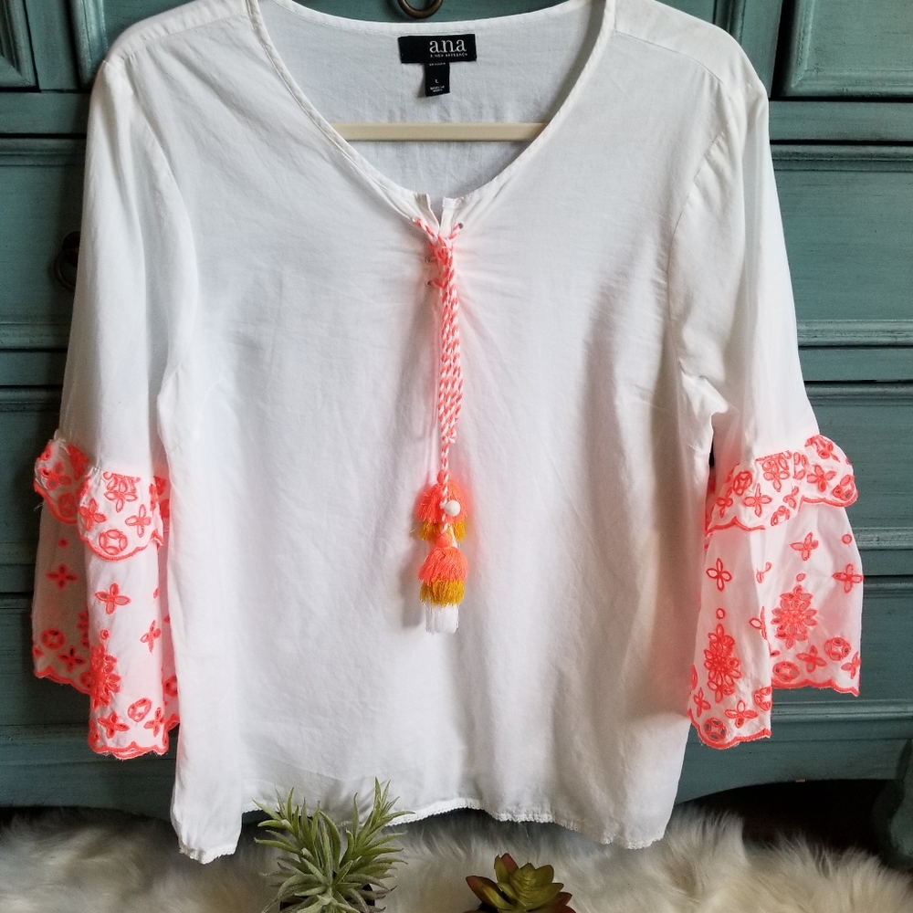 A.N.A. WHITE SHIRT WITH ORANGE EYELET DESIGN.